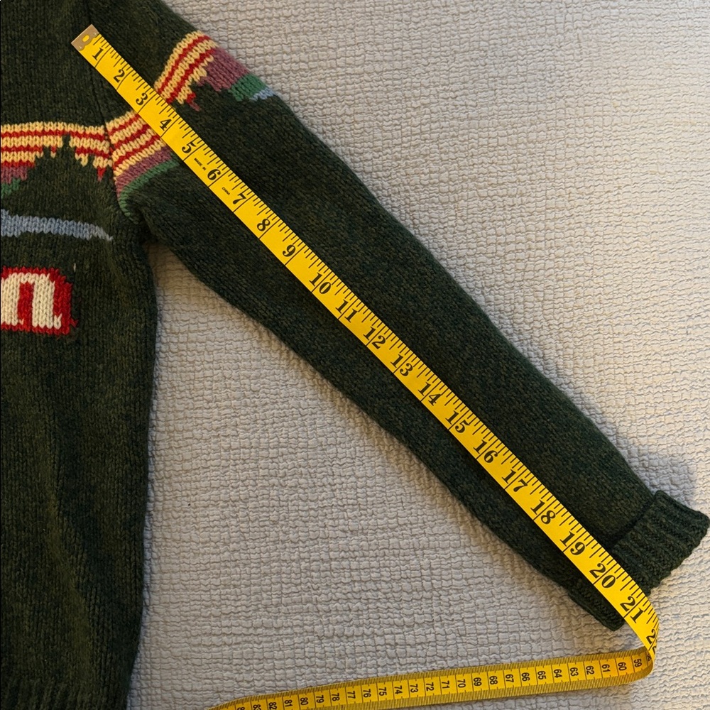 L.L.Bean Forest Green Lamb’s Wool Crewneck Sweater with Multicolor Scenic Stripe - Picture 6 of 6